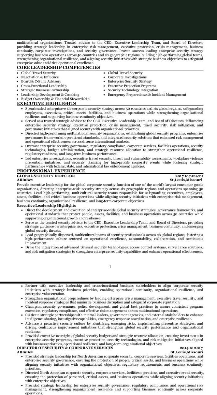 Sample resume: Global Corporate Security Director