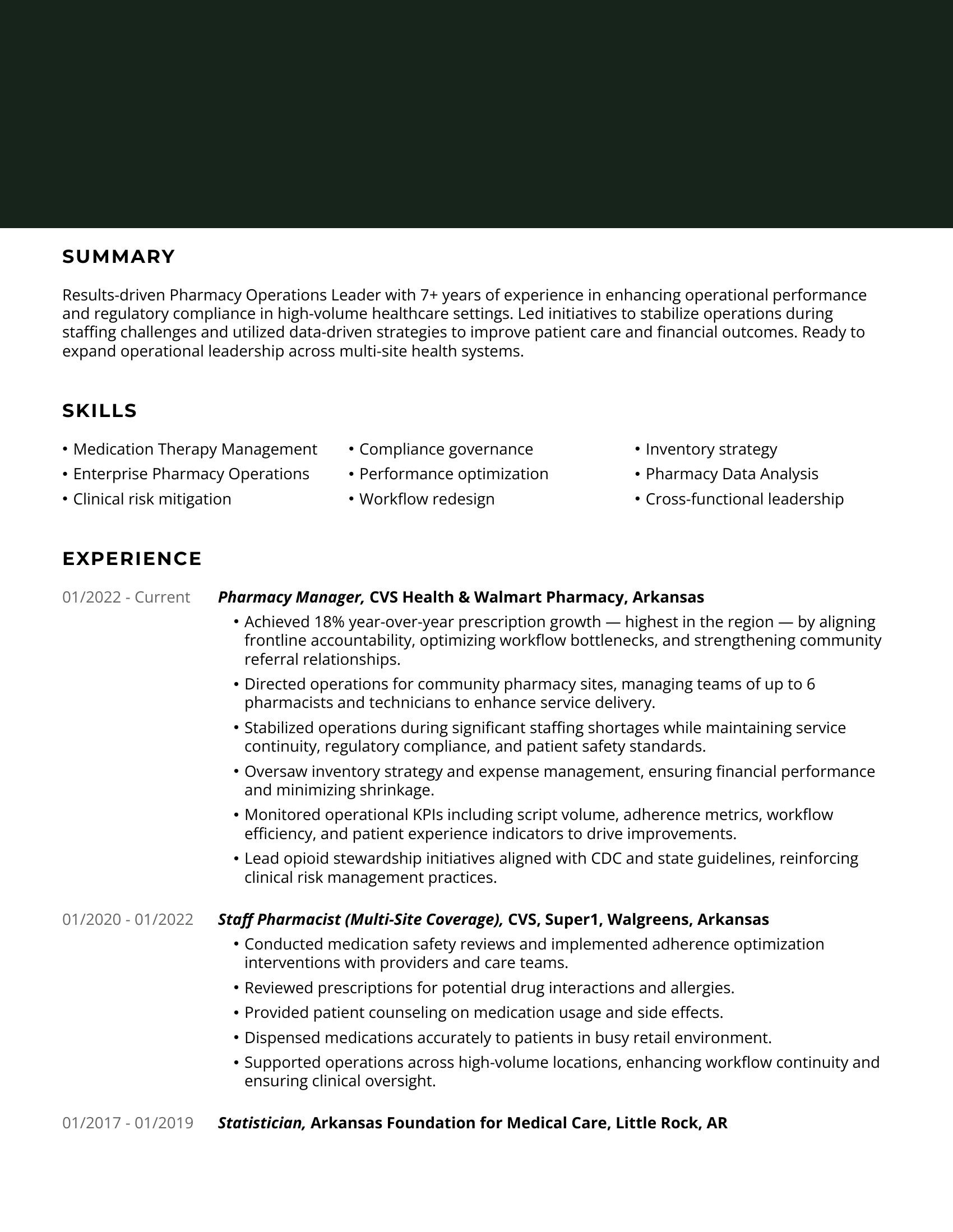 Sample resume: Pharmacy Operations Leader