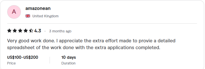 Client review: four point three stars, very good work with a detailed application spreadsheet