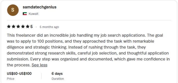 Client review: five stars, job applications handled with diligence and organized documentation
