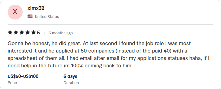 Client review: five stars, applications tracked in a full spreadsheet