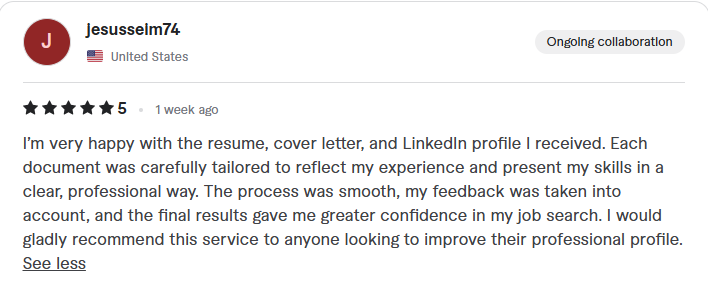 Client review: five stars, happy with the resume, cover letter and LinkedIn profile