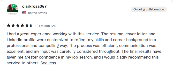 Client review: five stars, resume, cover letter and LinkedIn customized well
