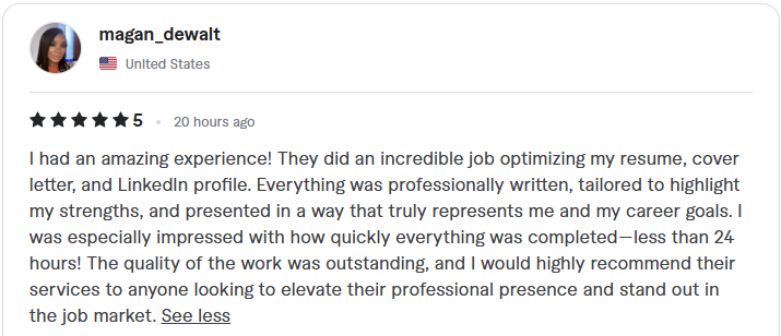 Client review: five stars, resume, cover letter and LinkedIn optimized quickly