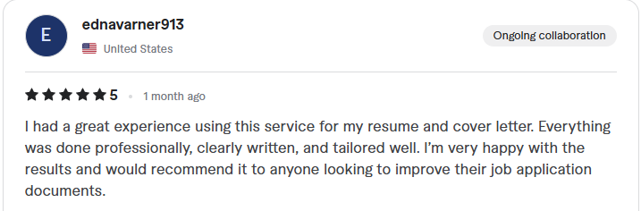 Client review: five stars, resume and cover letter professionally written and tailored